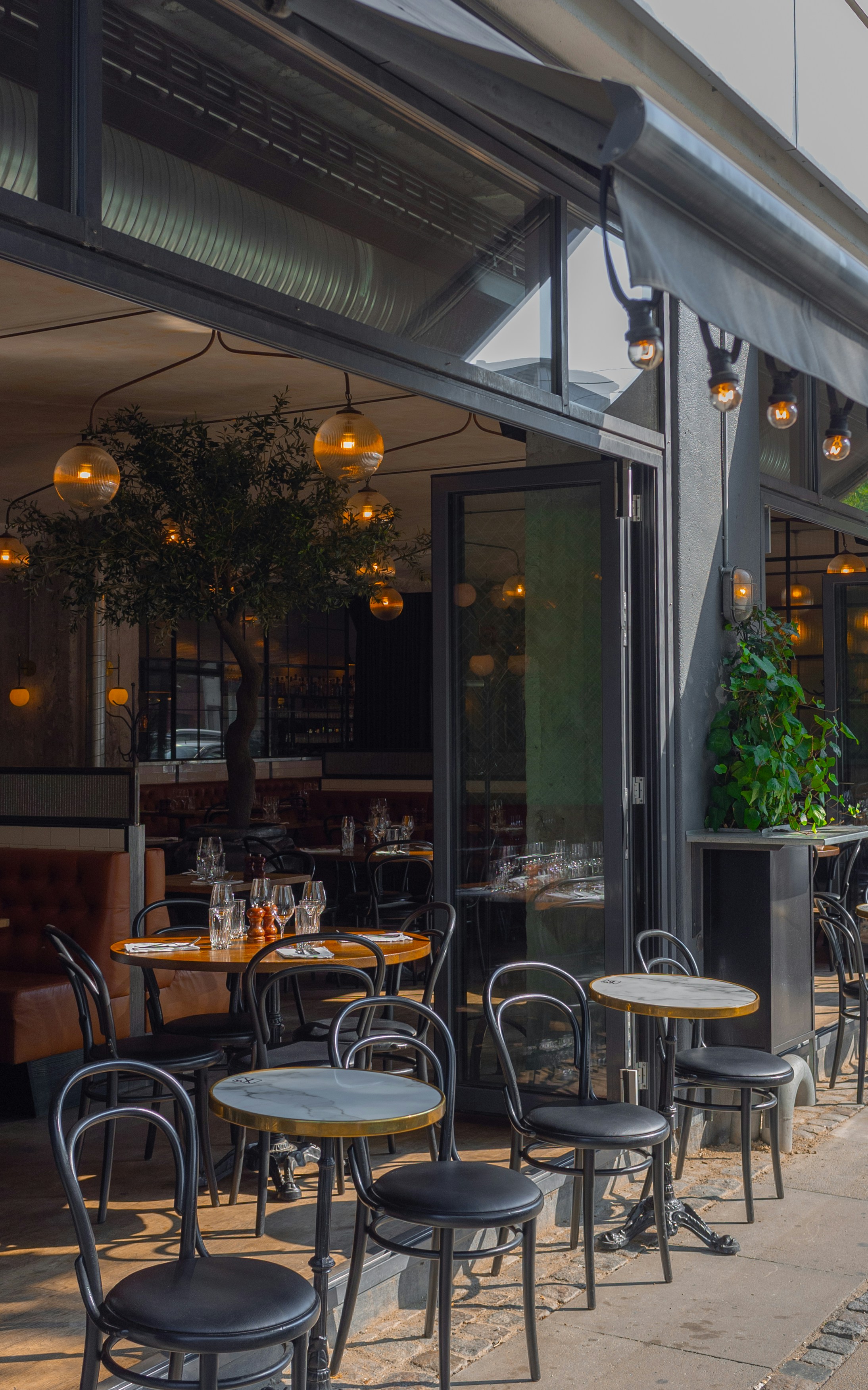Linger London — pavement tables and bentwood chairs under festoon lights